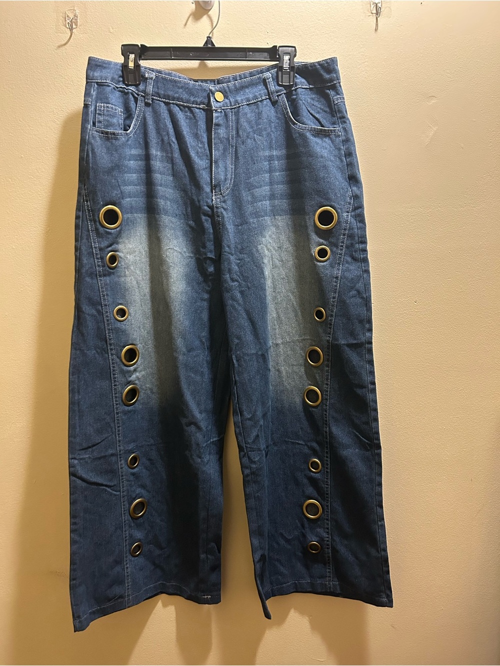 Men's Dark Blue Denim Jeans with Grommet Detail